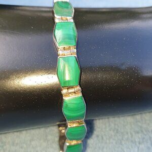 Beautiful Vintage Taxco Mexico 950 Solid Silver Natural Malachite Link Bracelet